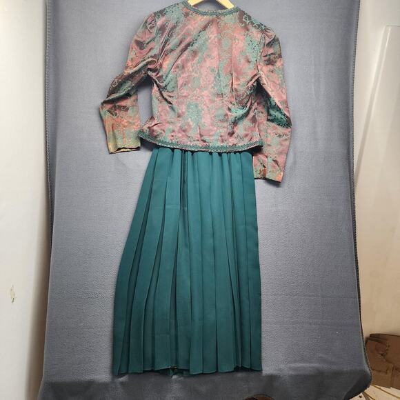 Womens Victorian Style Dress Jacket Set 10 Green Brown Brocade Pleated Oriental - Picture 2 of 16